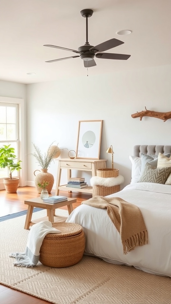 A modern farmhouse bedroom featuring a neutral color palette with light walls, woven baskets, and plants.