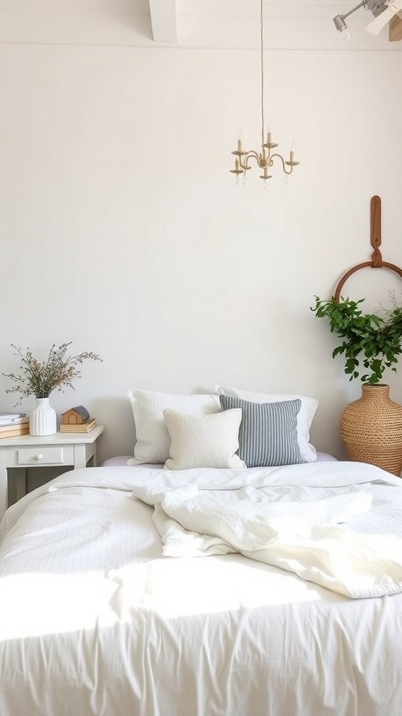 A cozy bedroom featuring a neutral color palette with white bedding, decorative pillows, and natural elements.