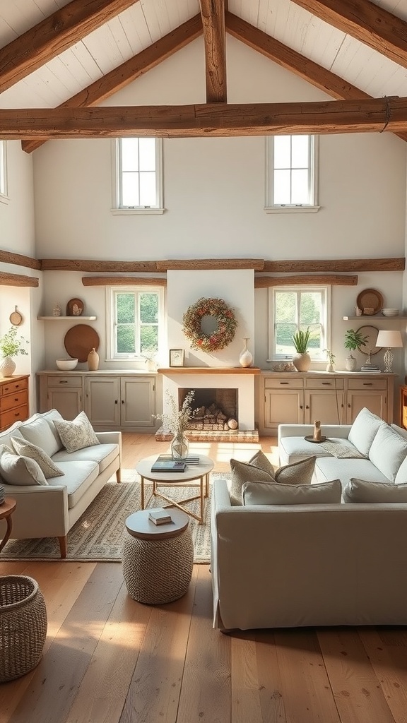 A cozy rustic farmhouse living room with a neutral color palette, featuring wooden beams and soft furnishings.