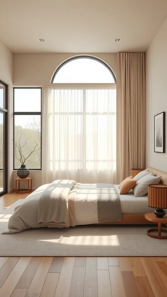 A serene Japandi bedroom featuring a neutral color palette with soft beige tones, large windows, and natural light.