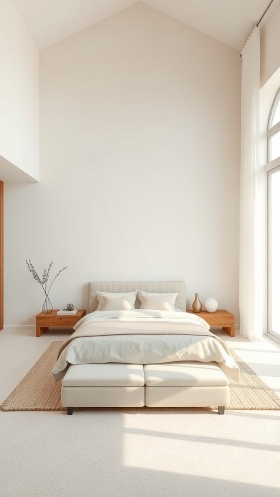 A serene Japandi spa bedroom featuring a neutral color palette with soft whites and warm beiges.