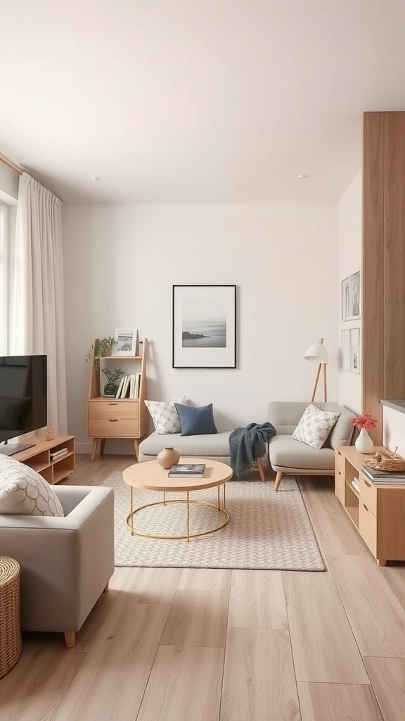 Cozy minimalist living room with neutral colors and natural materials.