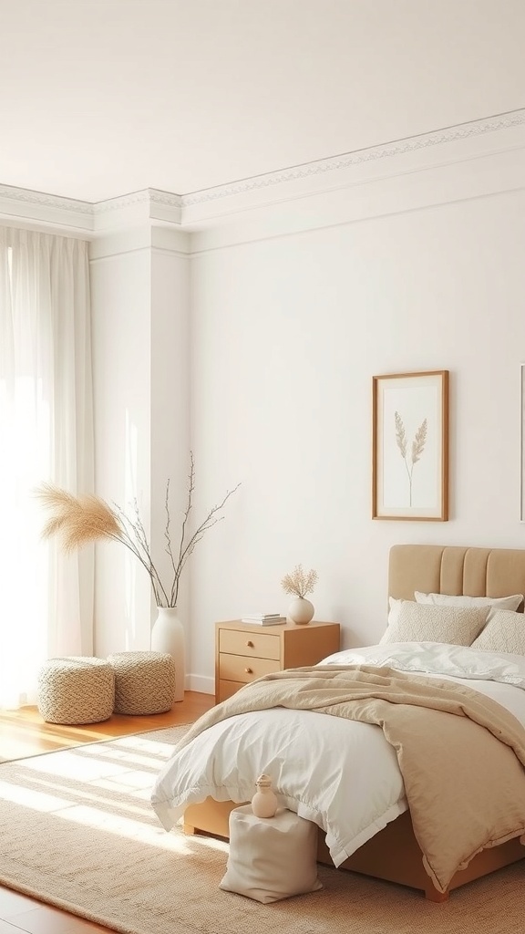 A minimalist bedroom with large windows overlooking the ocean, featuring neutral colors and cozy decor.