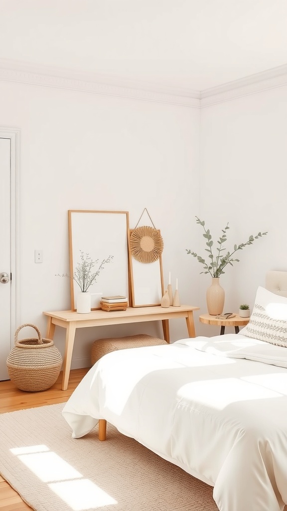 Minimalist farmhouse bedroom with neutral color palette and cozy decor.