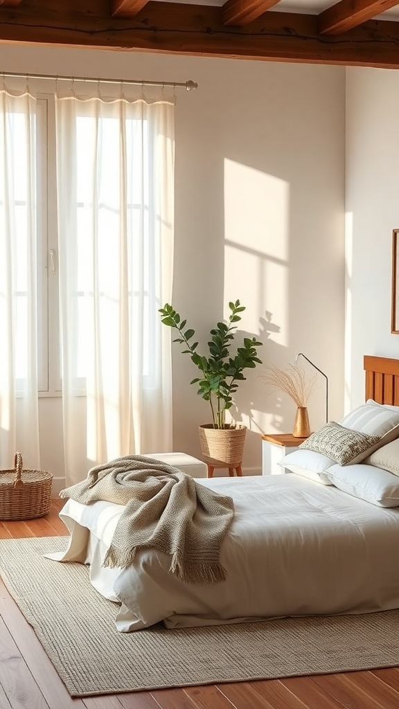 A serene bedroom with neutral colors, natural light, and plants.