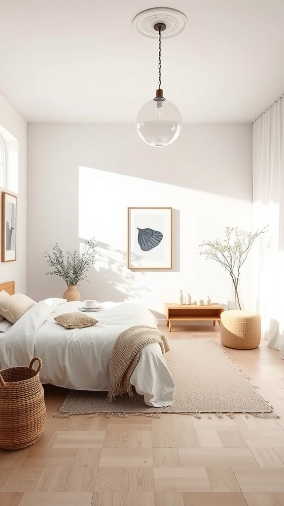 A cozy bedroom with neutral colors, featuring a white bed, wooden floor, and natural light.