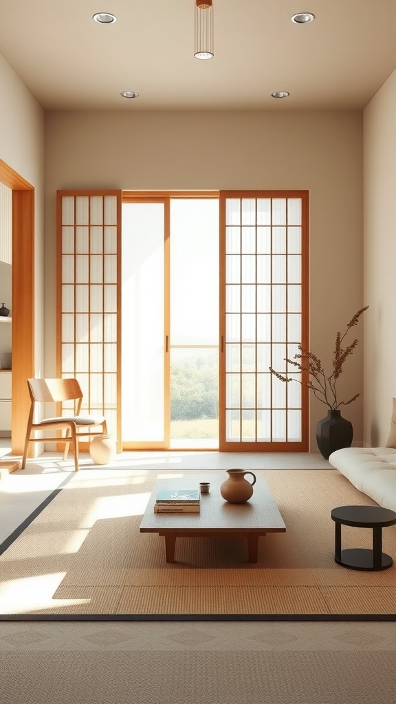 A serene Japandi minimalist interior featuring neutral colors and natural light.