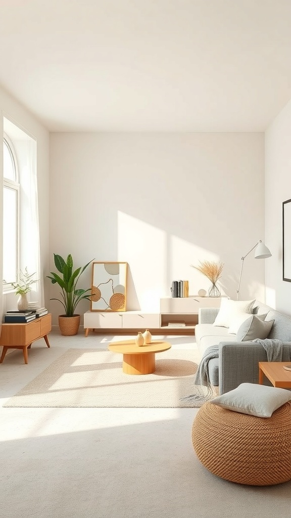 A cozy living room with neutral color palettes, featuring soft whites, warm beiges, and gentle grays.