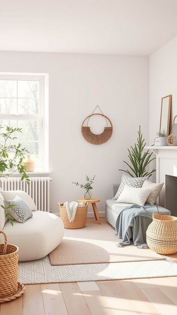 Cozy Scandinavian living room with neutral colors and natural decor.