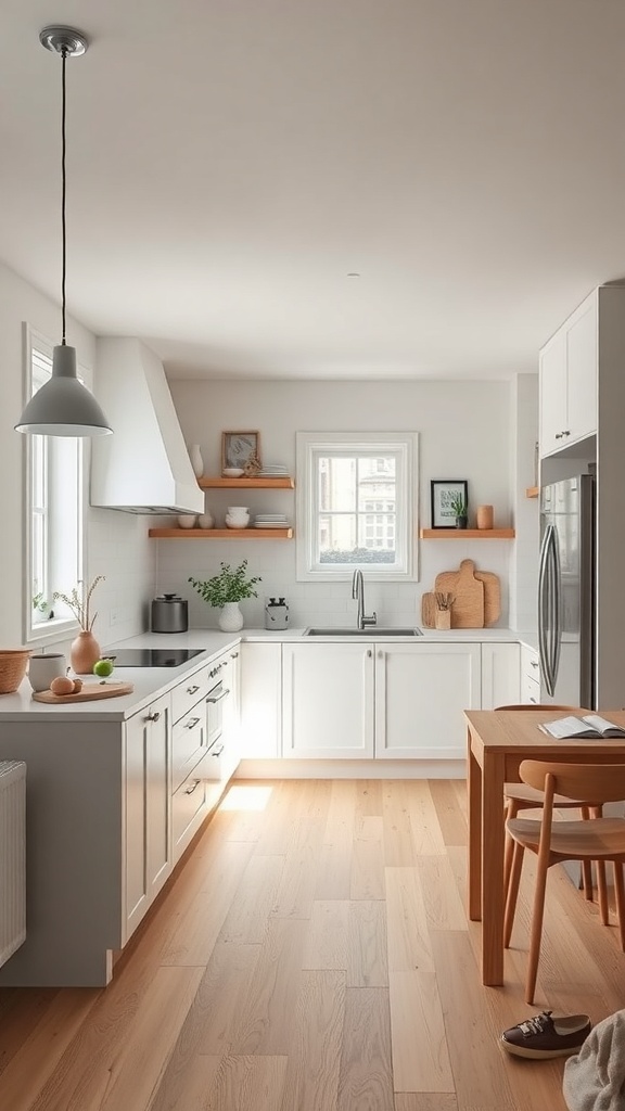 A bright Scandinavian kitchen featuring neutral colors, wooden flooring, and simple decor.