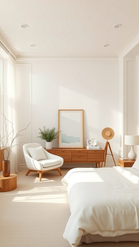A minimalist Japanese bedroom featuring neutral colors, wooden furniture, and natural light.