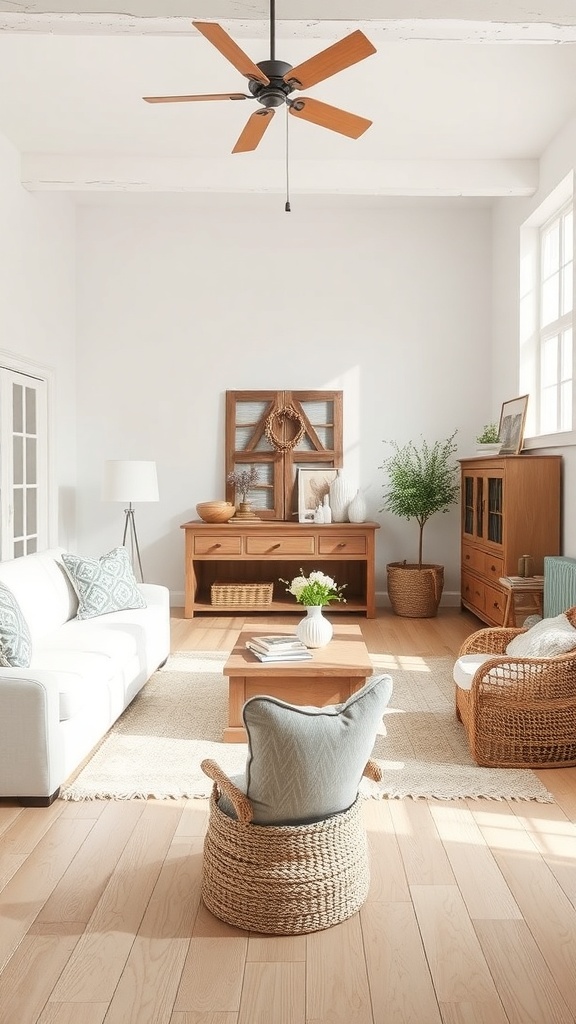 A cozy living room featuring a neutral color palette with a white sofa, light wooden flooring, and woven furniture.