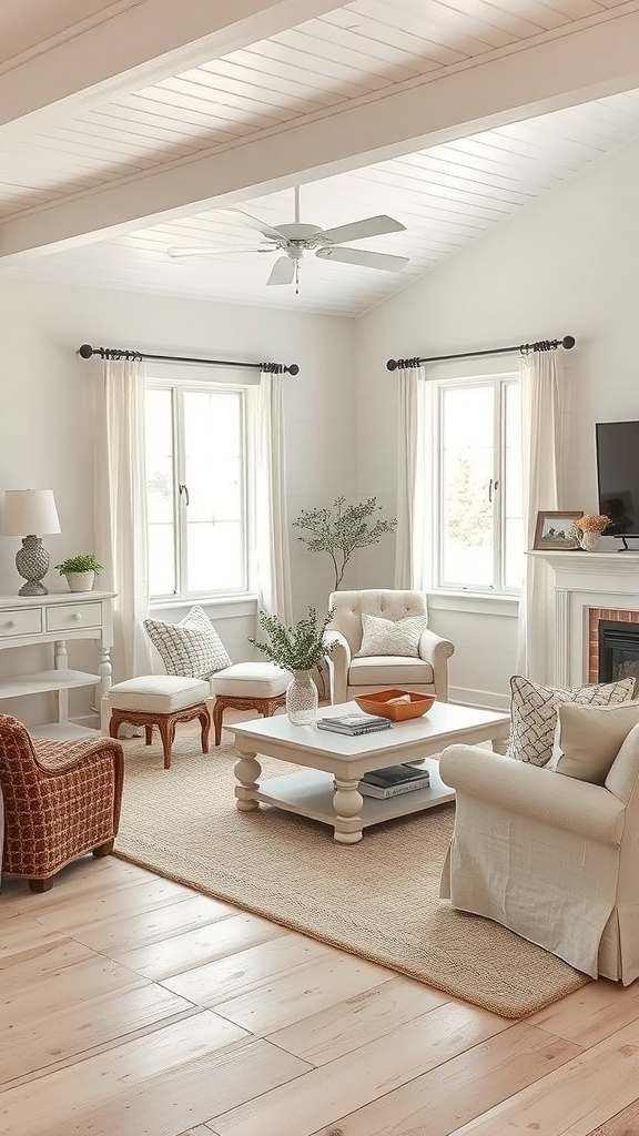 A cozy living room featuring neutral color palettes with light wood flooring, white walls, and comfortable furniture.