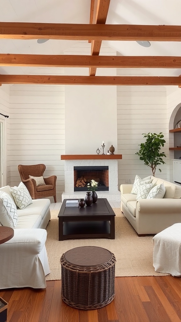 Cozy farmhouse living room with neutral color palette and wooden beams.