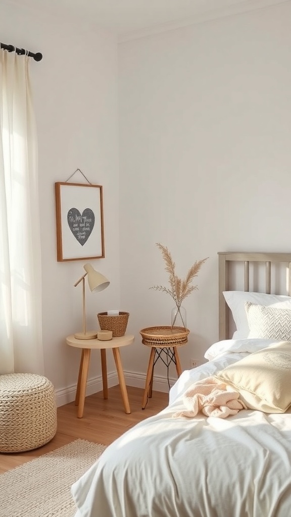 A cozy Scandinavian bedroom featuring neutral color schemes with soft whites and light wood accents.
