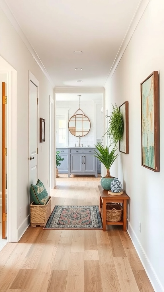 A hallway featuring neutral walls, wooden flooring, a decorative rug, and plants, showcasing a cozy and inviting atmosphere.