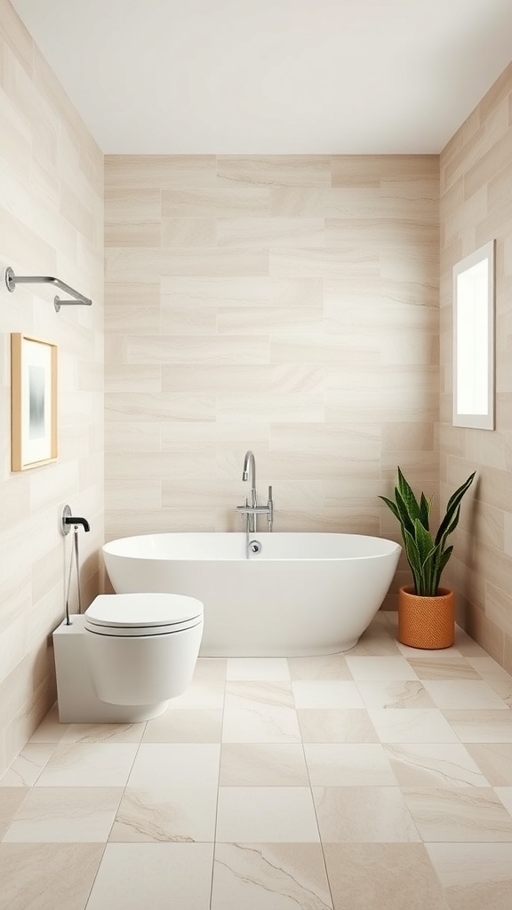 A modern bathroom featuring neutral tone tiles, a freestanding bathtub, and a potted plant.
