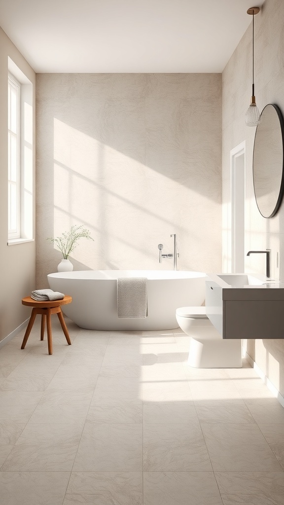 A serene bathroom with neutral tones, featuring a freestanding bathtub, beige tiles, and natural light.