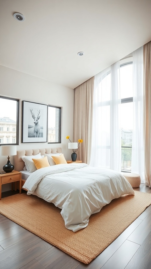 A stylish bedroom featuring neutral tones with bold orange accents, large windows, and natural light.