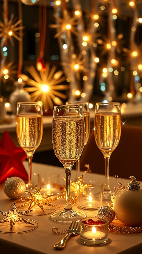 A festive New Year's Eve table setting with champagne glasses, candles, and decorative stars.