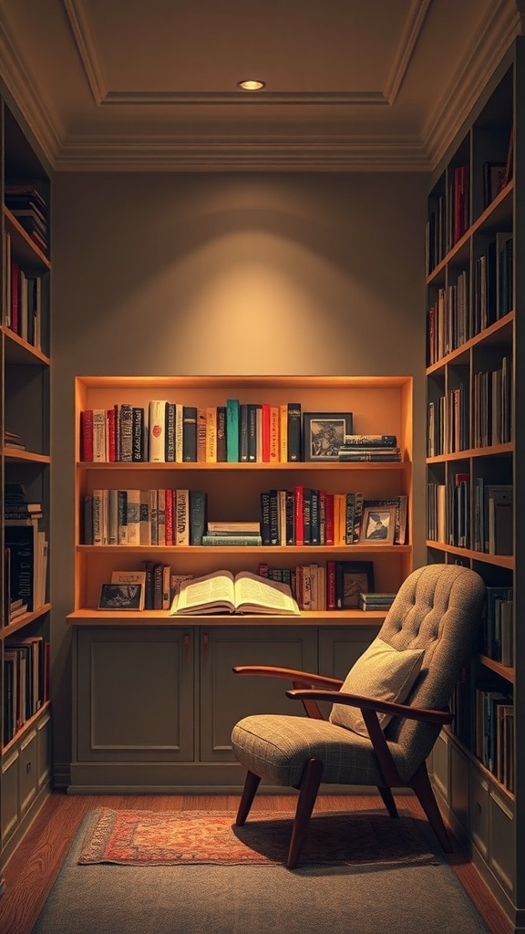 Cozy reading nook with a comfortable chair and well-lit bookshelf