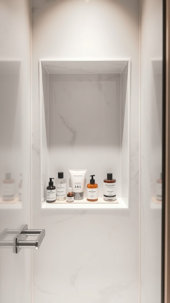 A sleek, built-in niche shelf in a shower displaying various bath products.