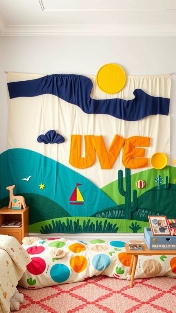 Colorful no-sew fabric wall art featuring a sun, clouds, and hills in a playful design.