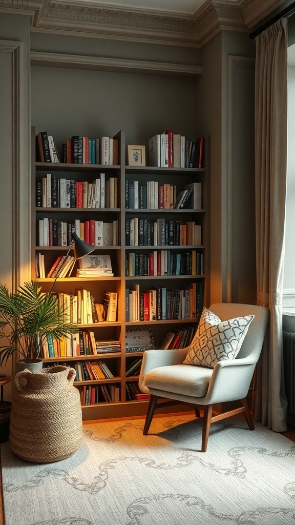 Cozy reading nook with a bookshelf, chair, and warm lighting