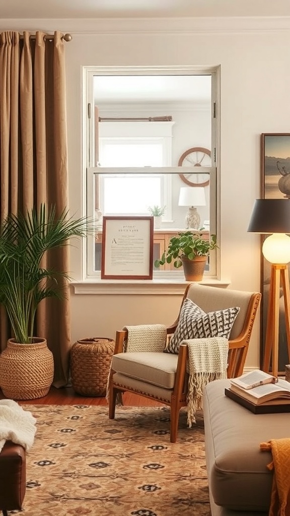 Cozy reading nook with a comfortable chair, plants, and warm lighting