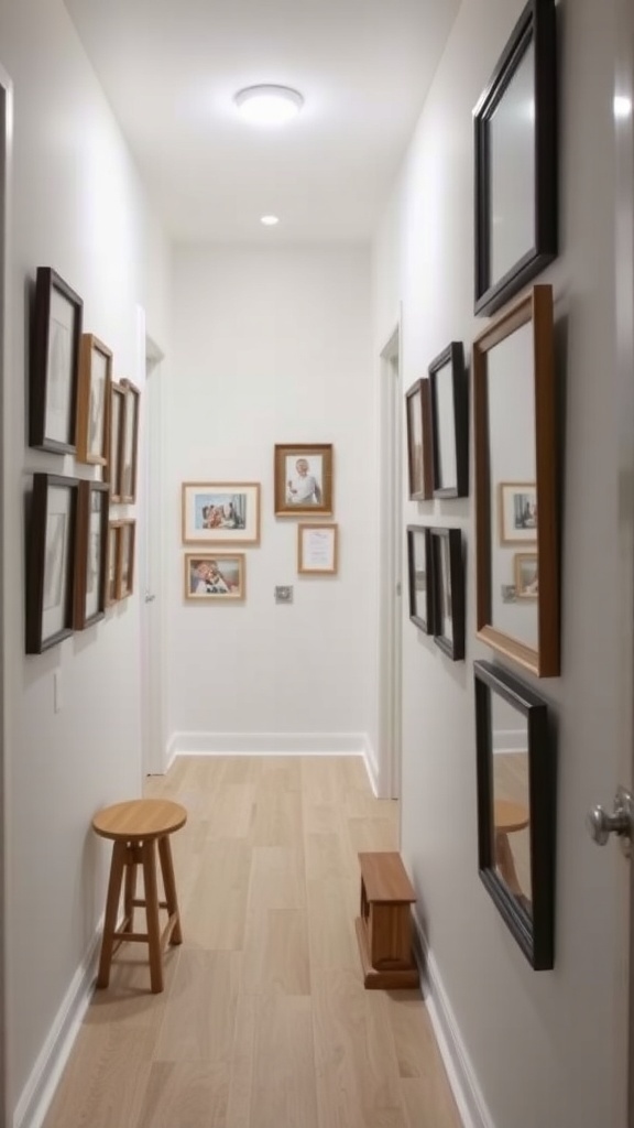 A hallway with framed family photos on the walls and a stool