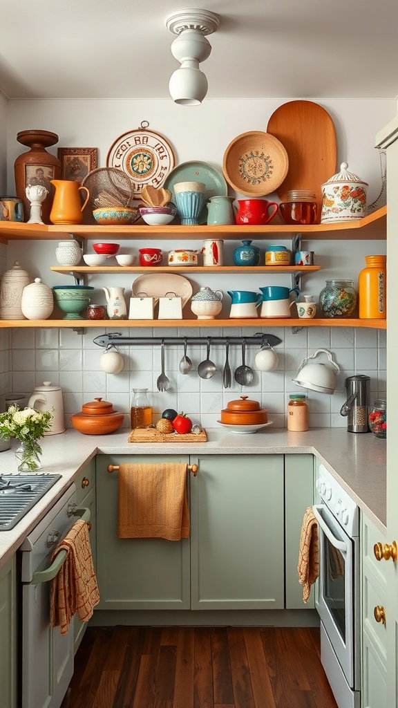 A cozy kitchen with vintage kitchenware displayed on open shelves.