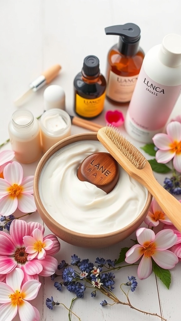 A bowl of creamy hair mask surrounded by flowers and hair care products.