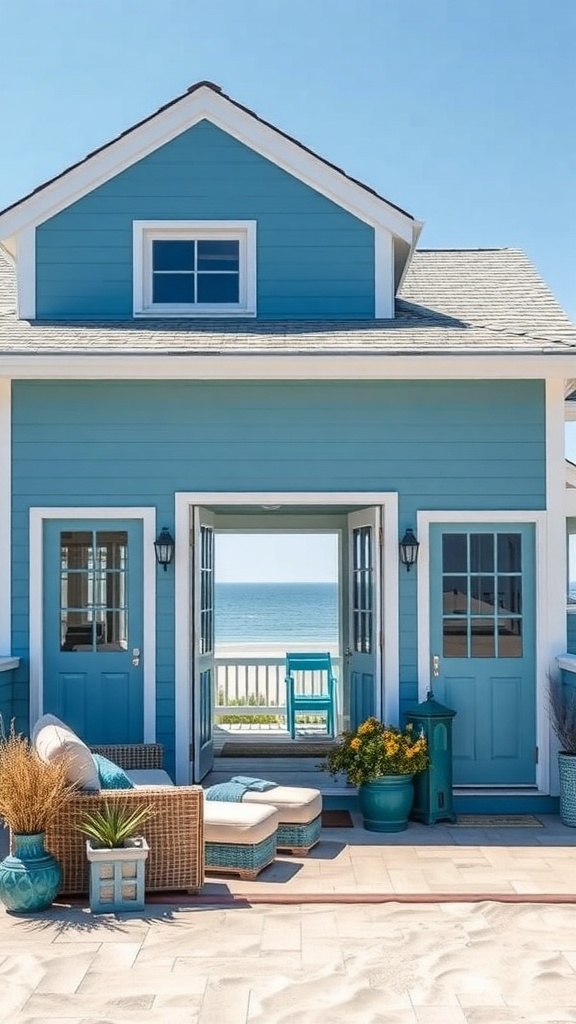 A beach house painted in vibrant blue with white trim, surrounded by sand and greenery.