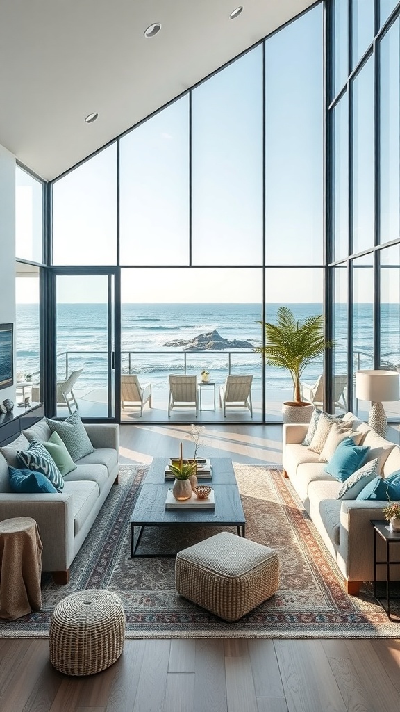 A modern living room with large windows overlooking the ocean, featuring light sofas, blue accent pillows, and natural decor.