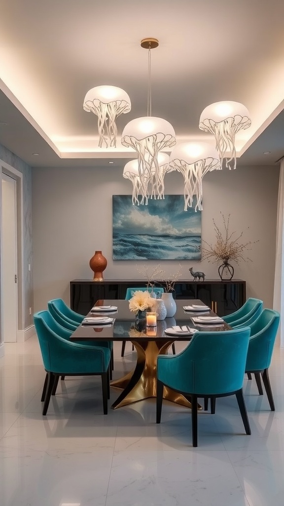A dining area featuring jellyfish-inspired lighting fixtures and ocean-themed decor.