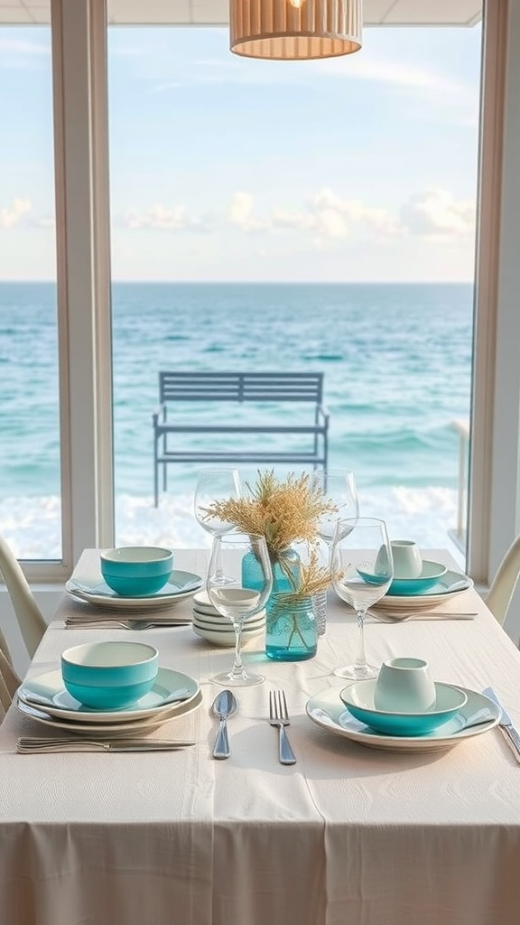 A beautifully set dining table with ocean-inspired tableware, featuring turquoise dishes and a view of the sea.