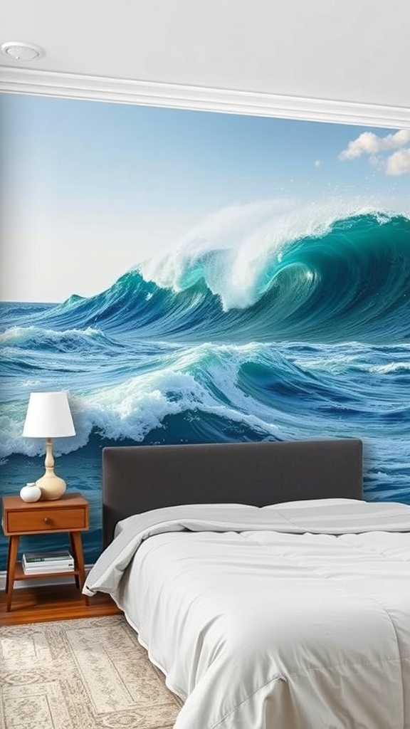 A bedroom featuring a large ocean wave mural on the wall, with a bed and bedside table.