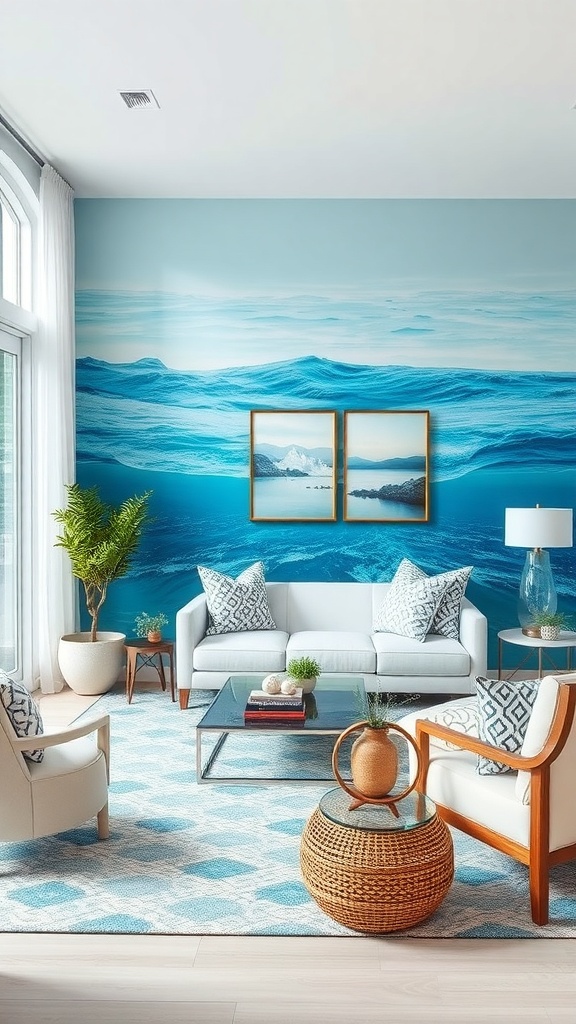 Living room with an ocean-themed accent wall featuring waves, complemented by light furniture and decor.