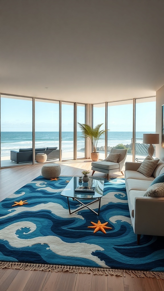 A living room featuring a blue ocean-themed rug with waves and starfish, overlooking a beach view.