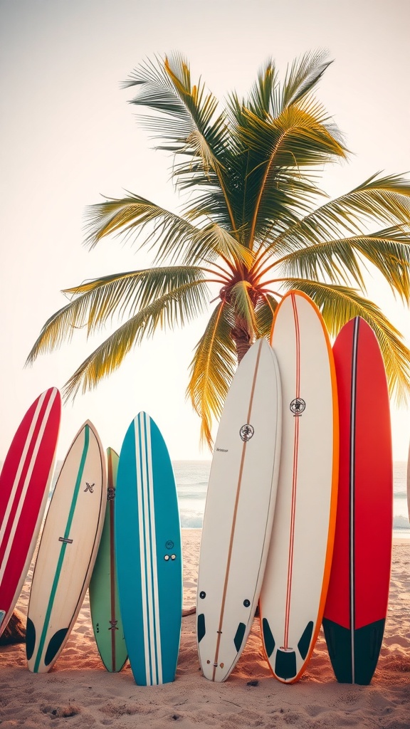 Colorful surfboards lined up on a sandy beach with a palm tree in the background.