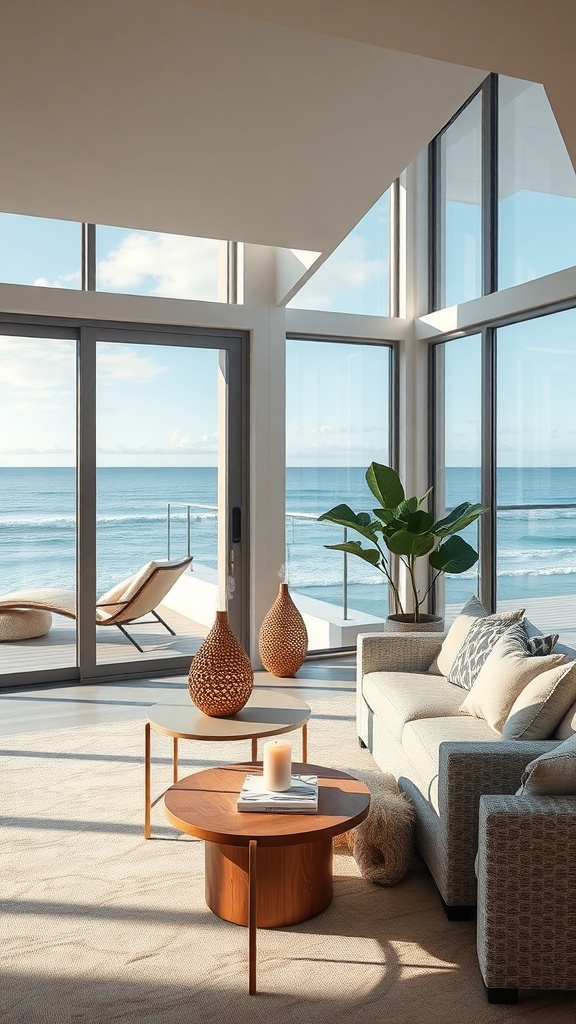 A bright living room with ocean view, featuring large windows, cozy furniture, and decorative vases.