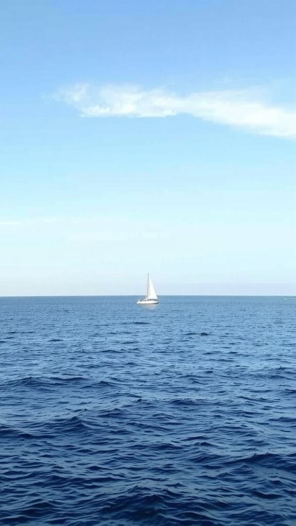 A serene ocean horizon with a sailboat in the distance under a clear blue sky.