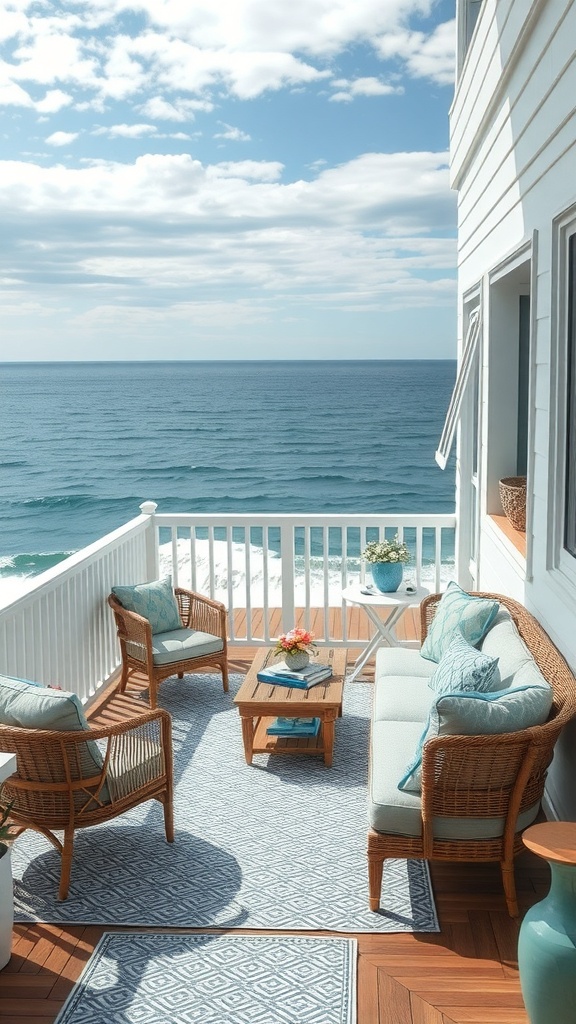 A cozy ocean view balcony with comfortable seating and a beautiful view of the sea.