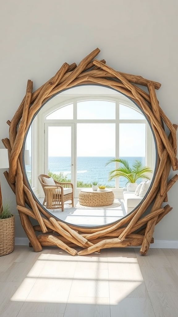 A round mirror framed with driftwood, reflecting an ocean view and bright interior decor.