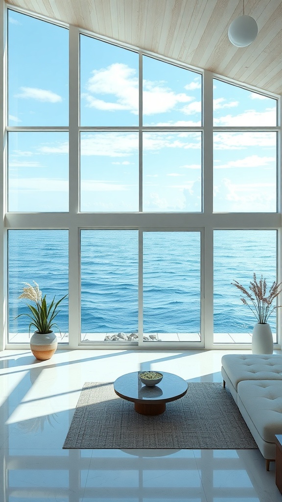 A modern living room with large ocean view windows, showcasing a serene sea view.