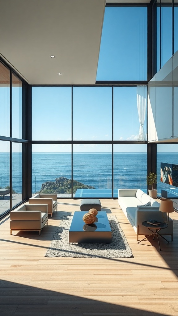 A modern living room with large ocean view windows showcasing a beautiful sea view.