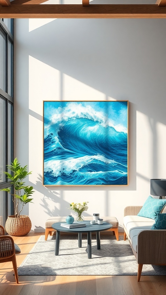 A large ocean wave wall art piece in a bright living room with natural light.