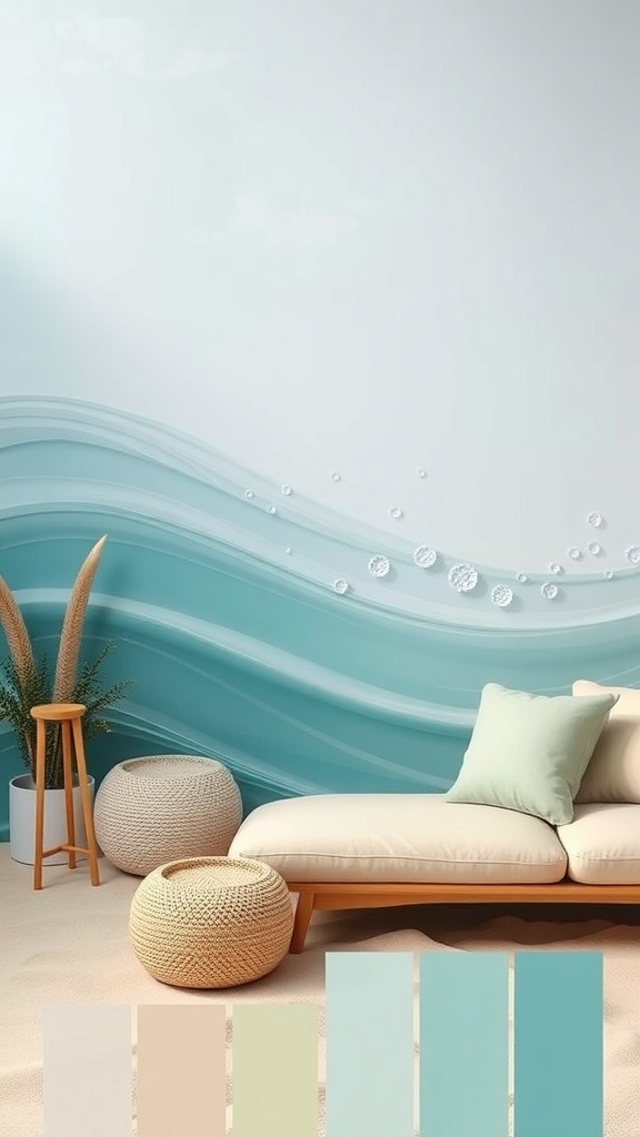 A living space featuring an oceanic color palette with flowing blue and green wall art, a cozy lounge chair, and natural decor elements.