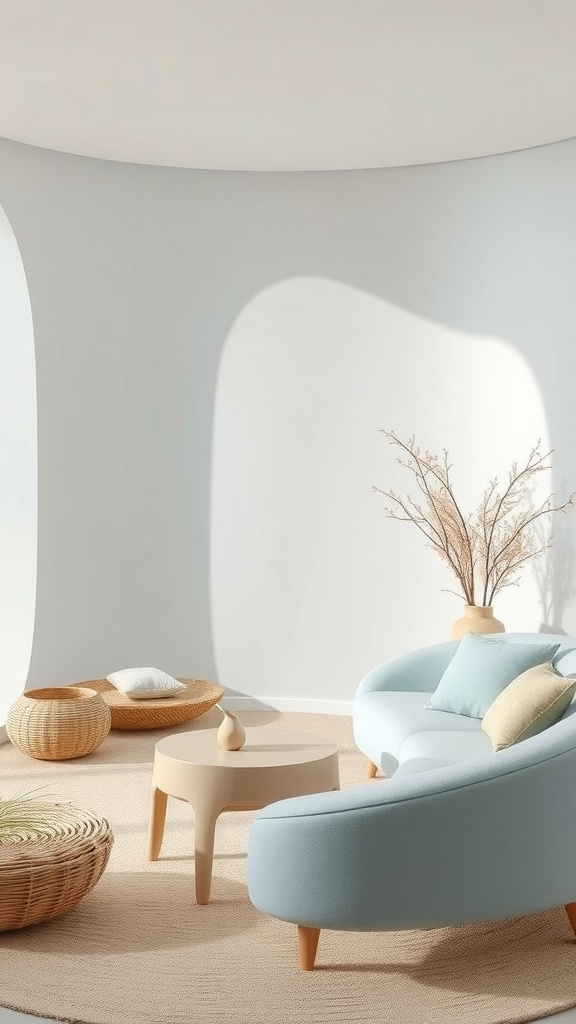 A cozy interior featuring soft blue furniture, natural textures, and a light, airy atmosphere.