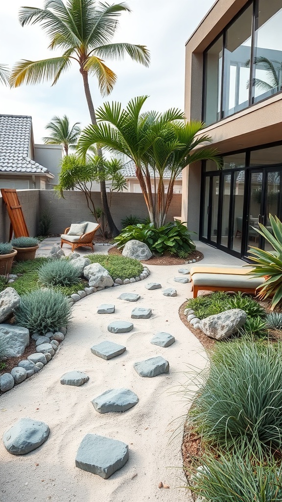 A serene garden with sandy pathways, palm trees, and comfortable seating, embodying a coastal vibe.